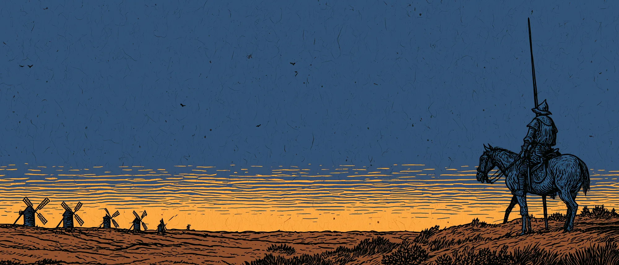 A knight on horseback levels his lance at distant windmills at dusk